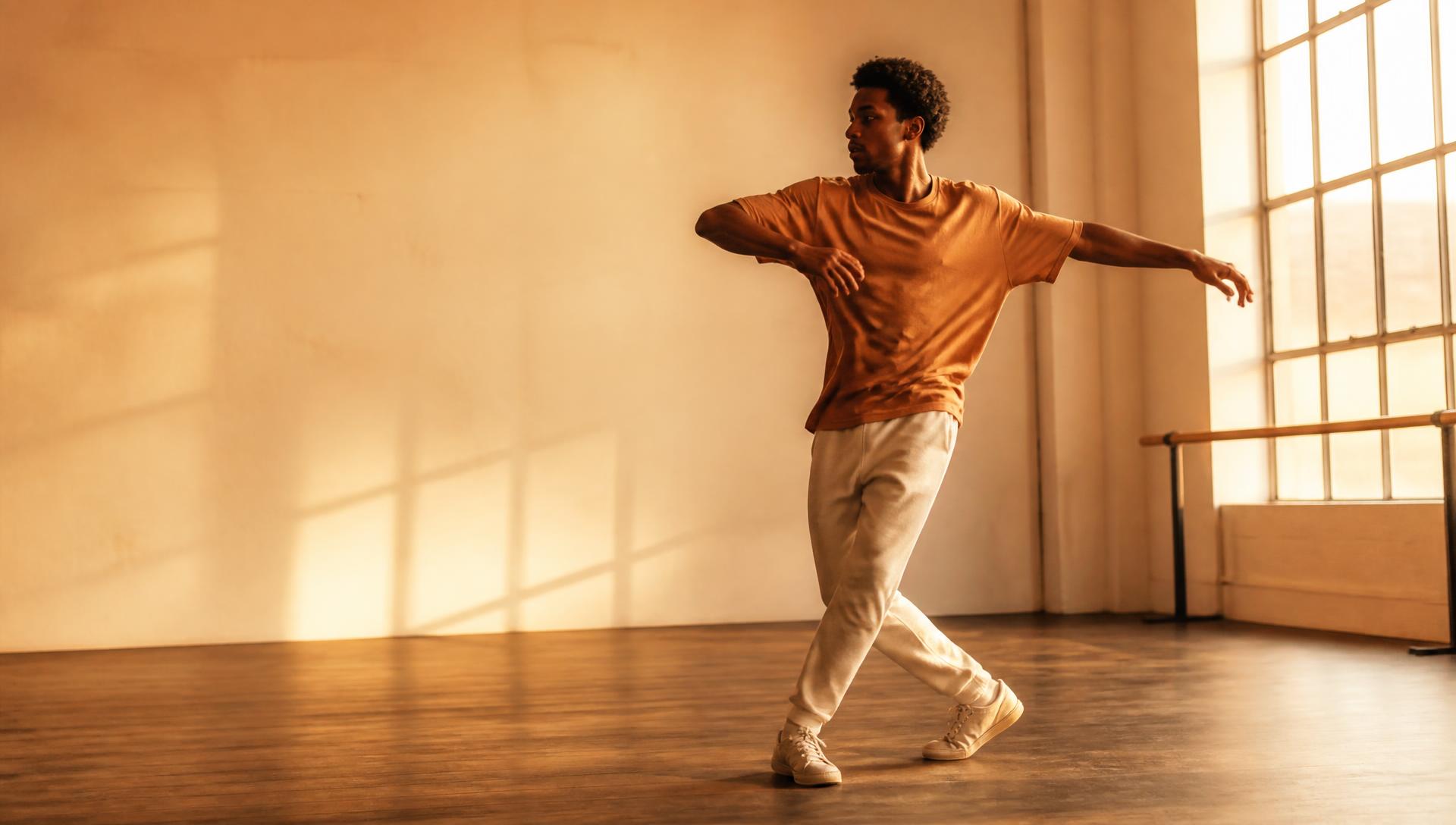 Denis, Gründer von Flying Elephant Sports & Dance, tanzt mit ausdrucksstarker Energie in einem hellen Studio.